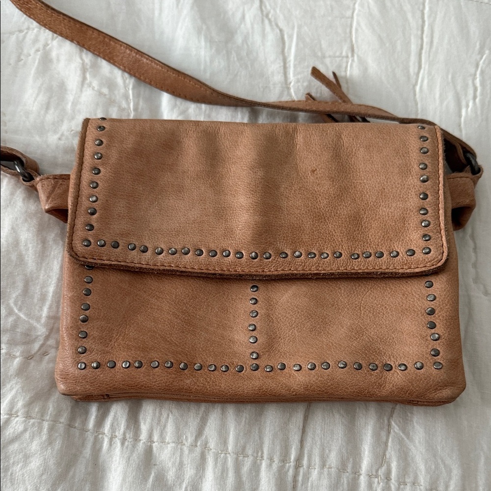 Studded Tan Leather Crossbody Bag
